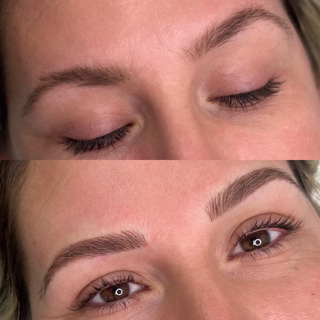 Close-up of microbladed eyebrow before and after